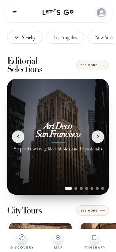 Let’s Go Discovery screen with editorial selections and city tours