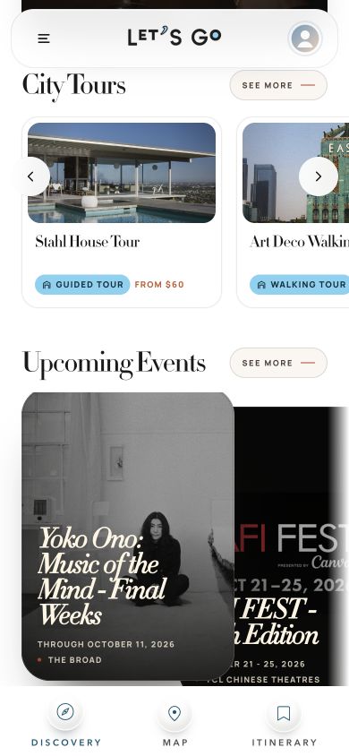 Let’s Go Upcoming Events screen with Yoko Ono in Los Angeles