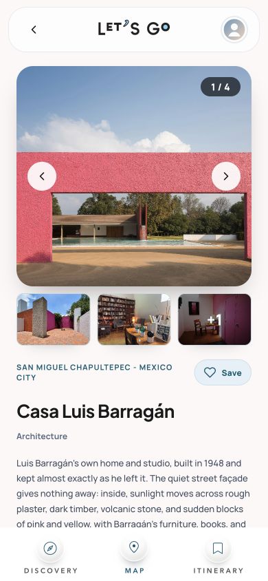 Let’s Go place detail screen for Casa Luis Barragán in Mexico City